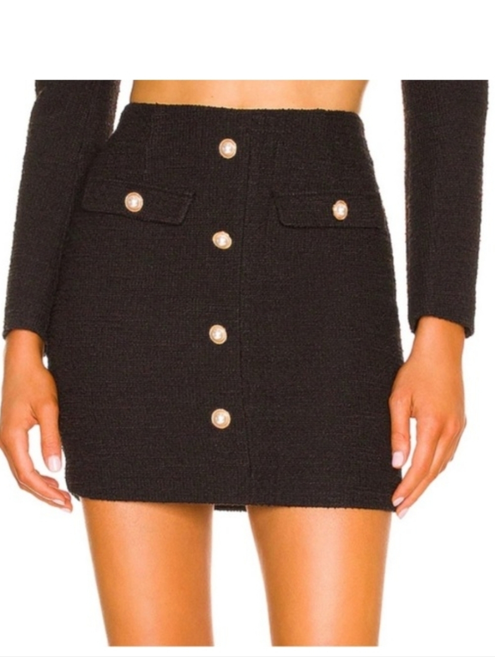 Camila Coelho Black Tweed Mini Skirt with Pearl Buttons Size Small